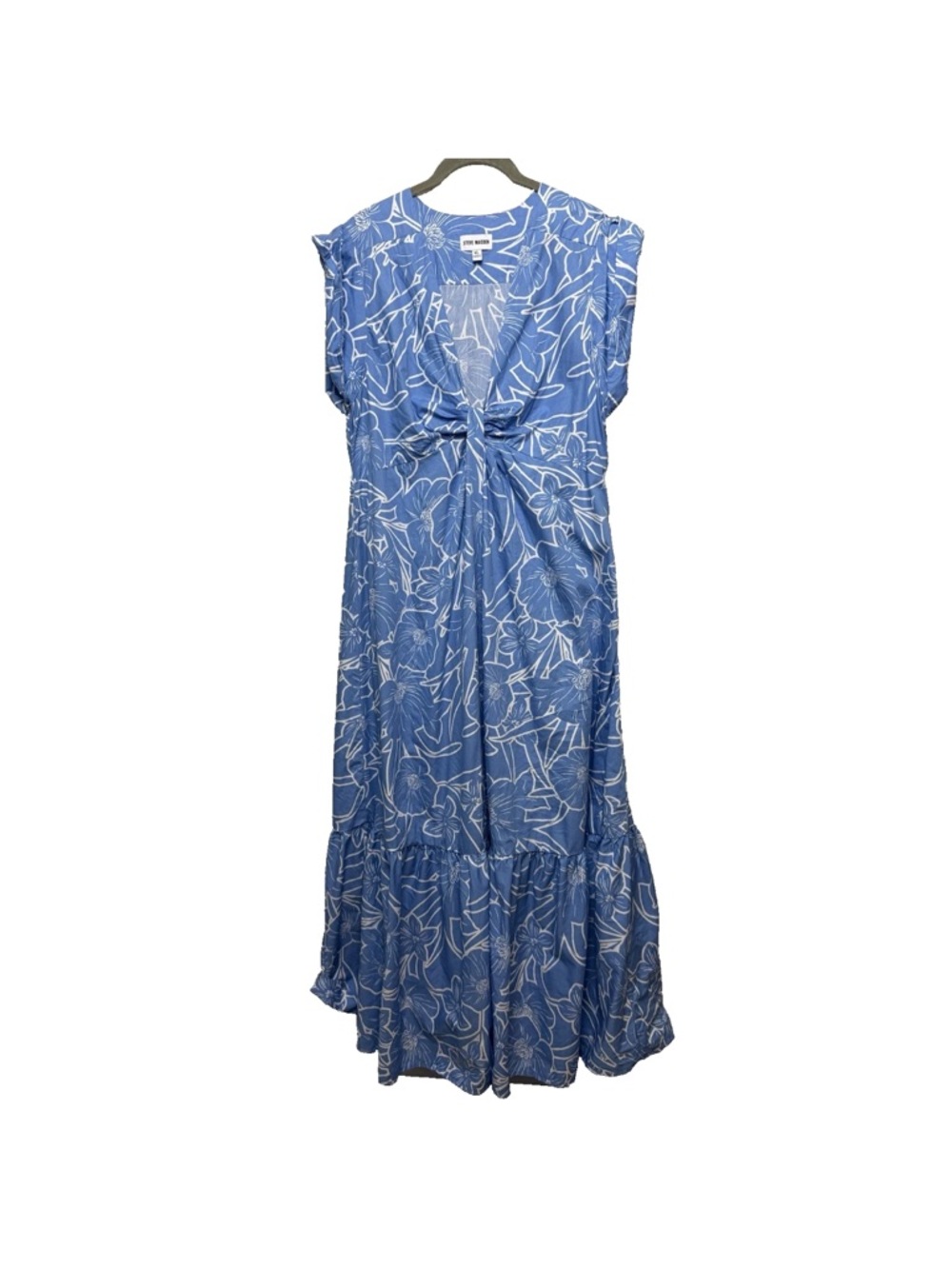 Steve Madden Midi Dress Size Large Cotton Short Sleeves V-Neck Floral Sky Blue
